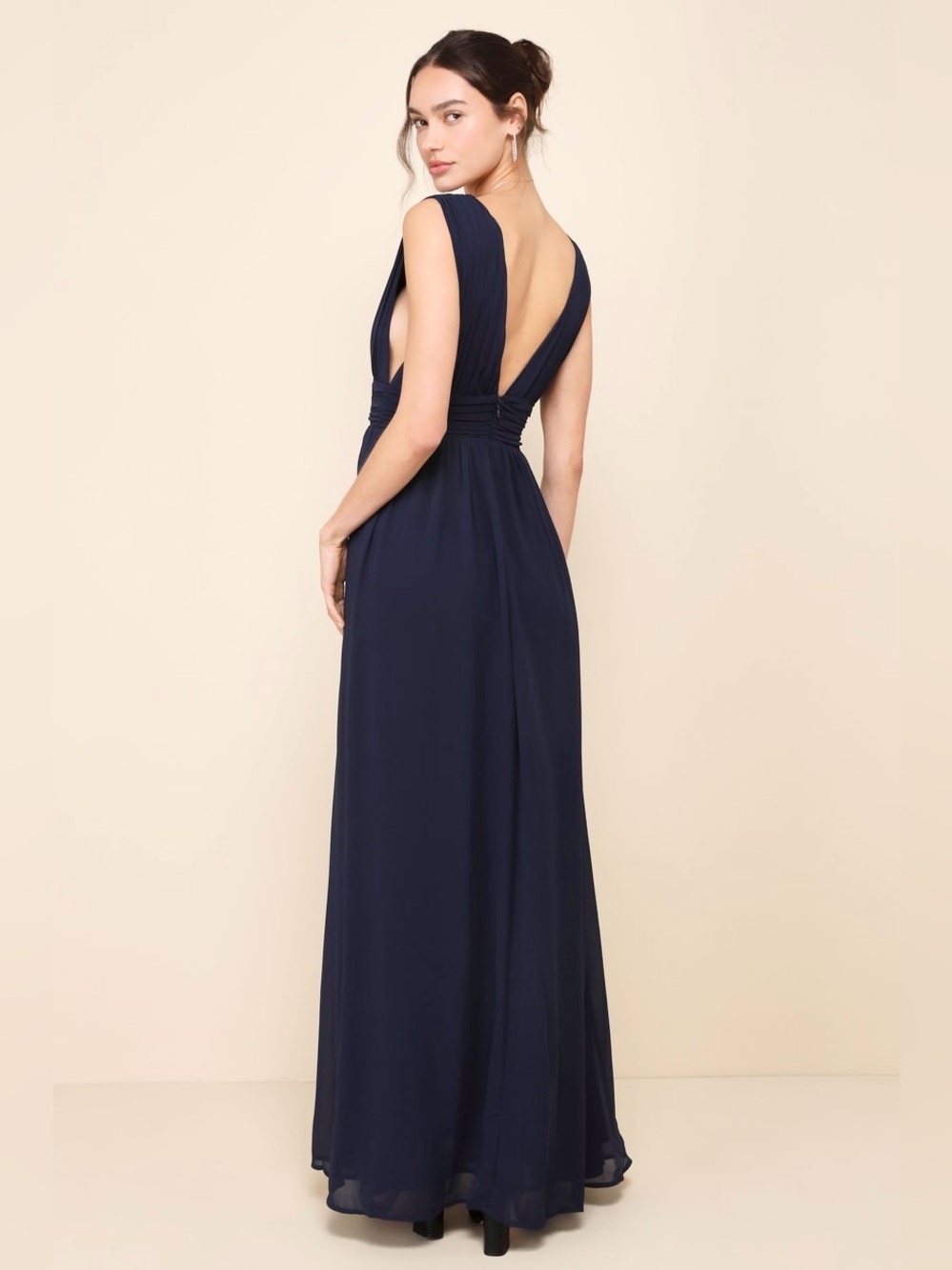 LULUS Navy Chiffon Plunge Neck Princesscore Wedding Guest Formal Goddess Gown S - Picture 7 of 12